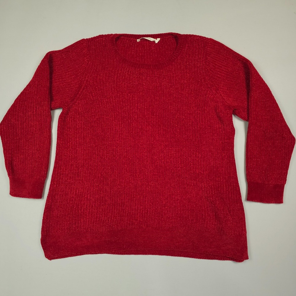 Soft Surroundings Sweater Women 2X Red Sweater Chunky Knit Side Slit Crew Neck